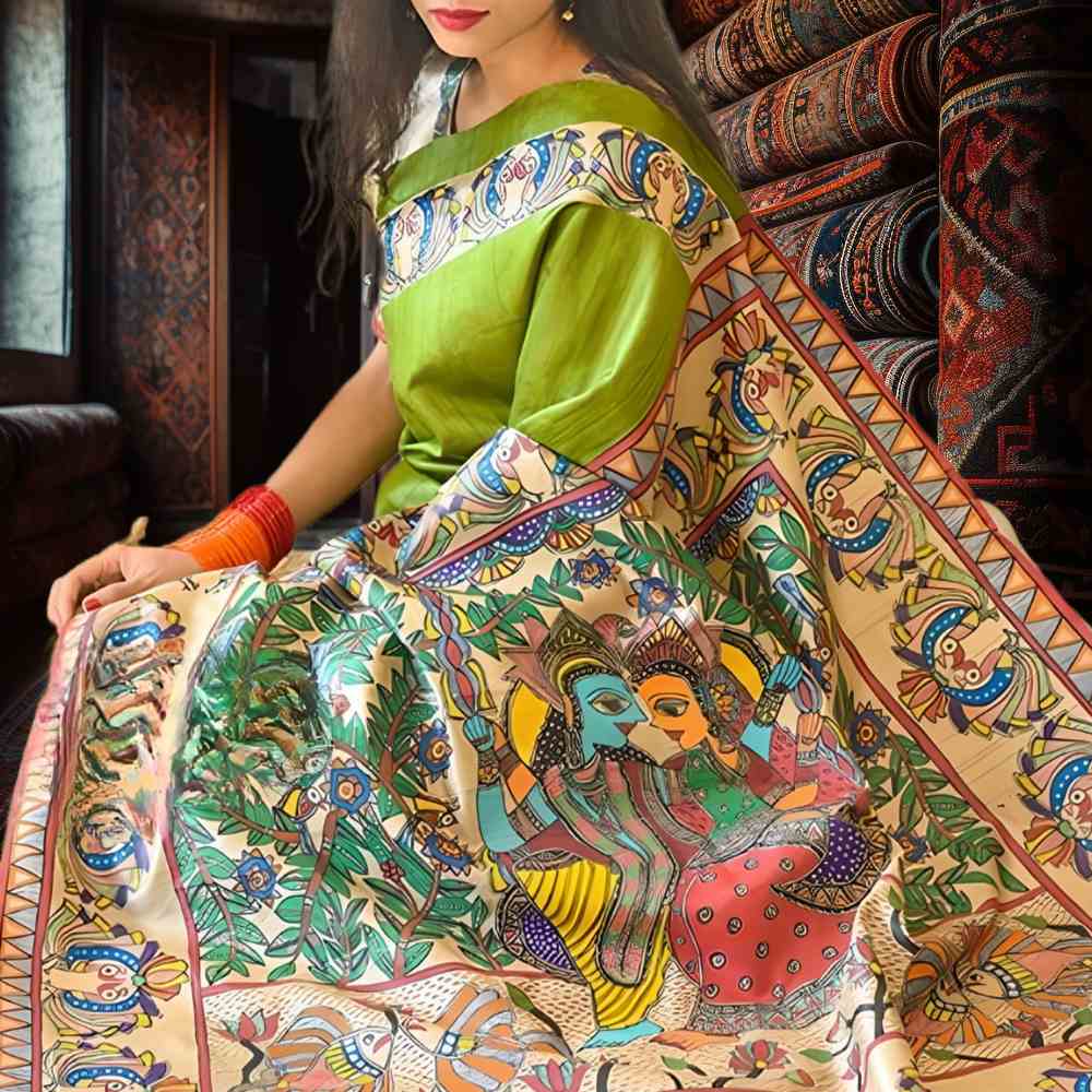 Tussar Saree with Madhubani Bride, Doli, and Kaahar Painting